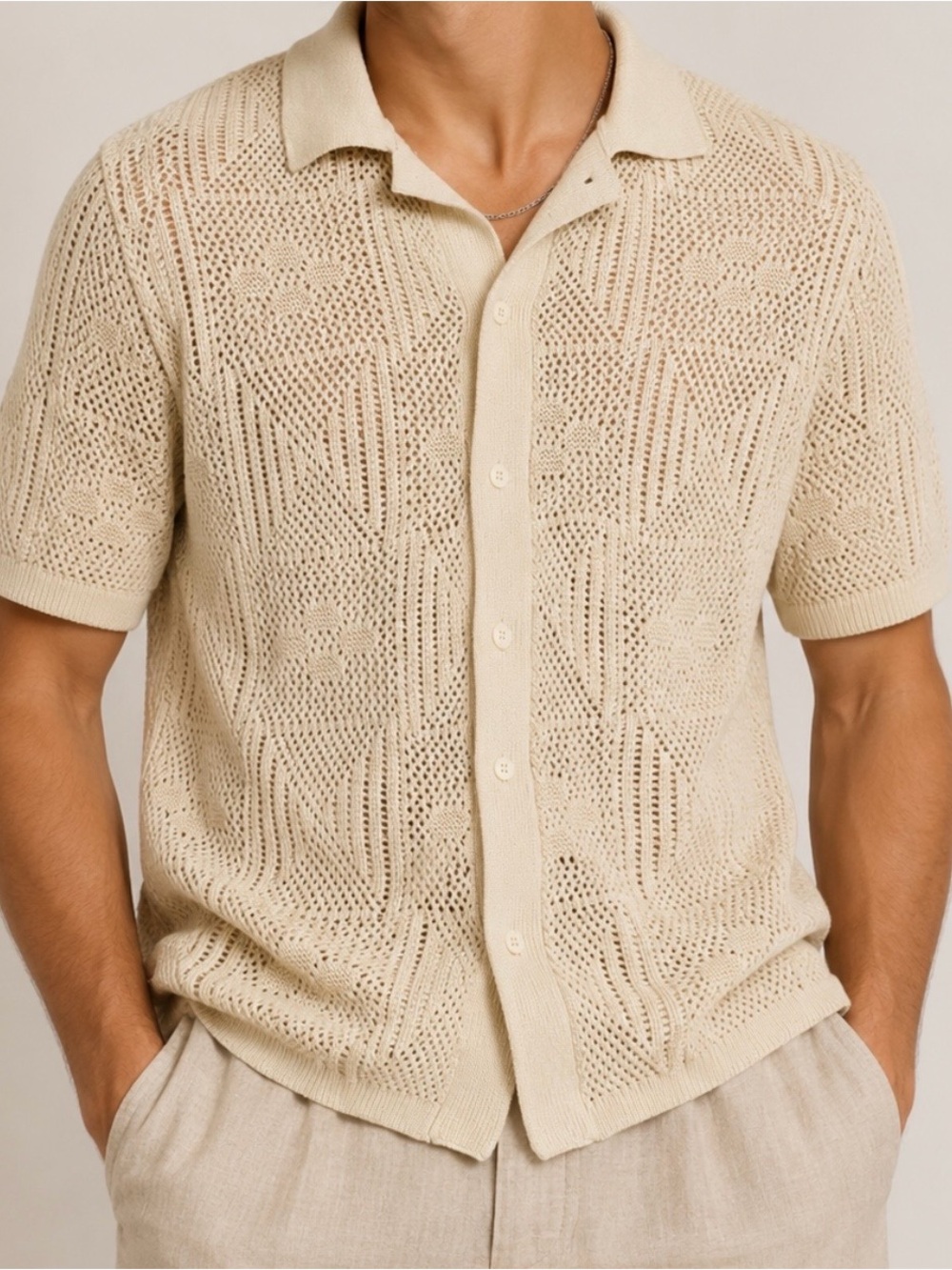 Original Use Beige Open-Knit Short Sleeve Button Shirt